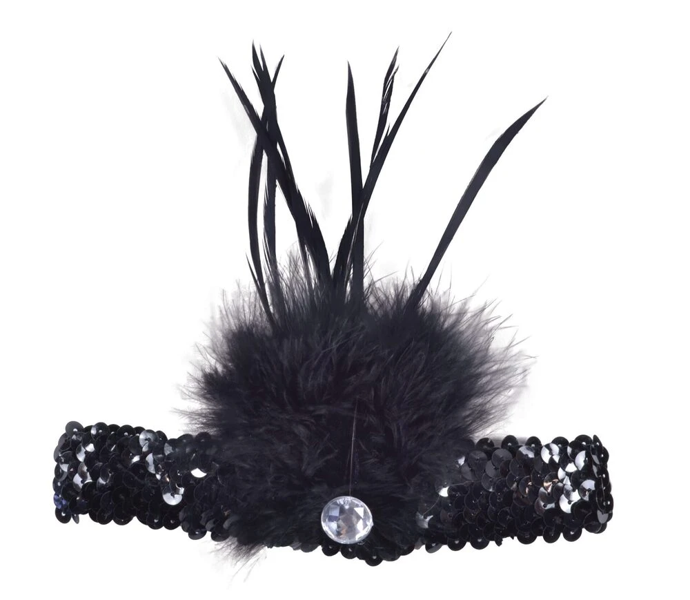 Black Flapper Headband (Sequin With Feather) 1 Black Flapper Headband (Sequin With Feather)