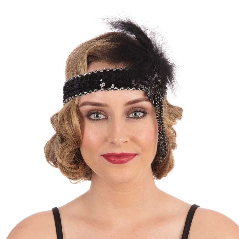 Deluxe Flapper Headband Black Sequin Band 1 Deluxe Flapper Headband Black Sequin Band