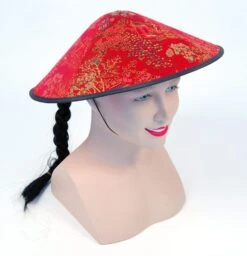 Chinese Coolie Red Fabric Hat + Plait