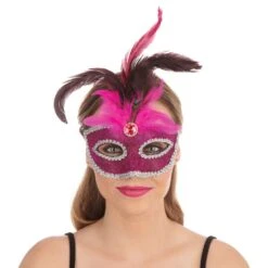 Pink Mask With Tall Peacock Feather