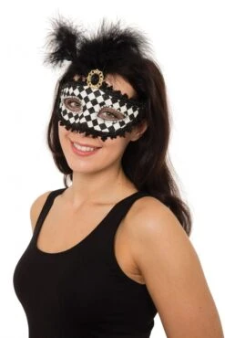 Harlequin Black & White Mask With Tall Feather