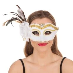 White With Side Feather & Flower Mask